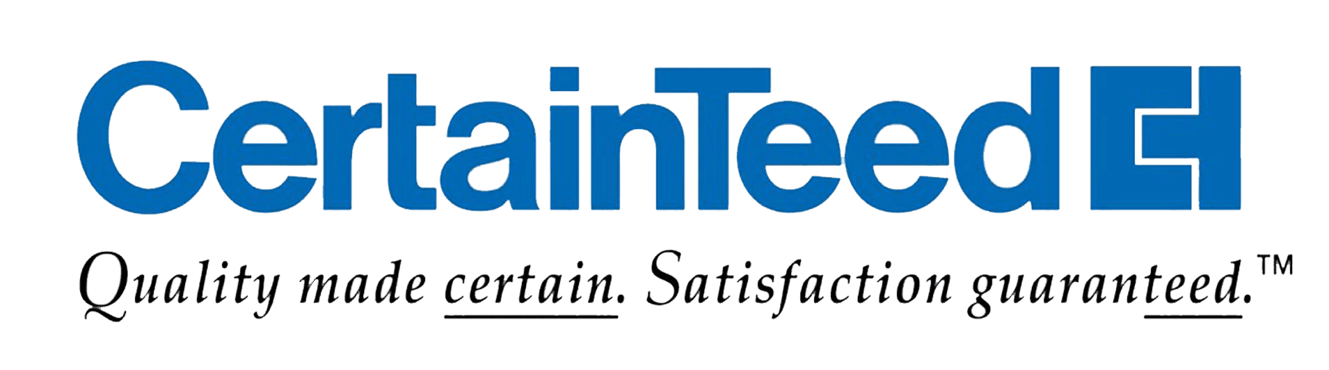 CertainTeed roofing manufacturer logo with tagline “Quality made certain. Satisfaction guaranteed.” representing premium CertainTeed roofing materials installed by Castaways Roofing