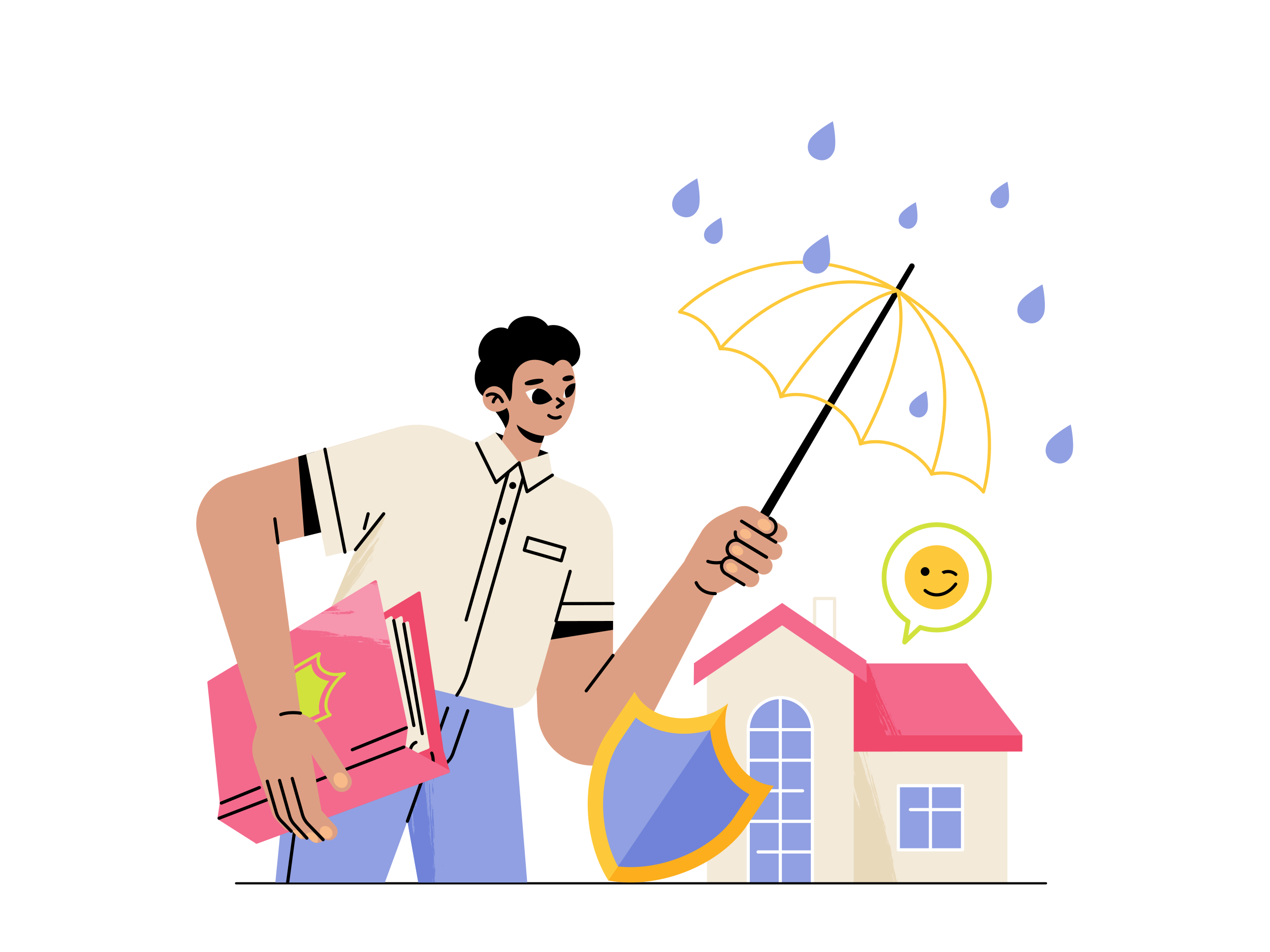 Homeowner discussing roof insurance claim and storm damage repair with contractor illustration for roofing inspection services by Castaways Roofing Homeowner discussing roof insurance claim and storm damage repair with contractor illustration for roofing inspection services by Castaways Roofing